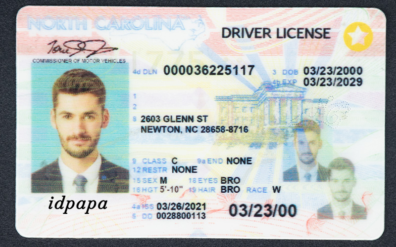 Novelty North Carolina driver’s license with a male photo, ID number 000036225117, and expiration date 03/23/2029